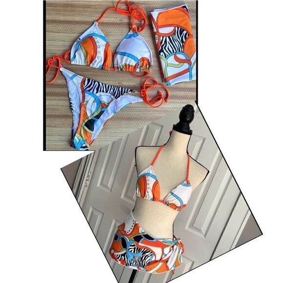 Three Piece Bikini Swim Set With Zebra Print - Picture 1 of 12